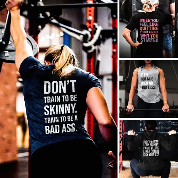 A high-contrast collection of gym wear shots featuring aspirational, bold text overlays that challenge fitness norms.